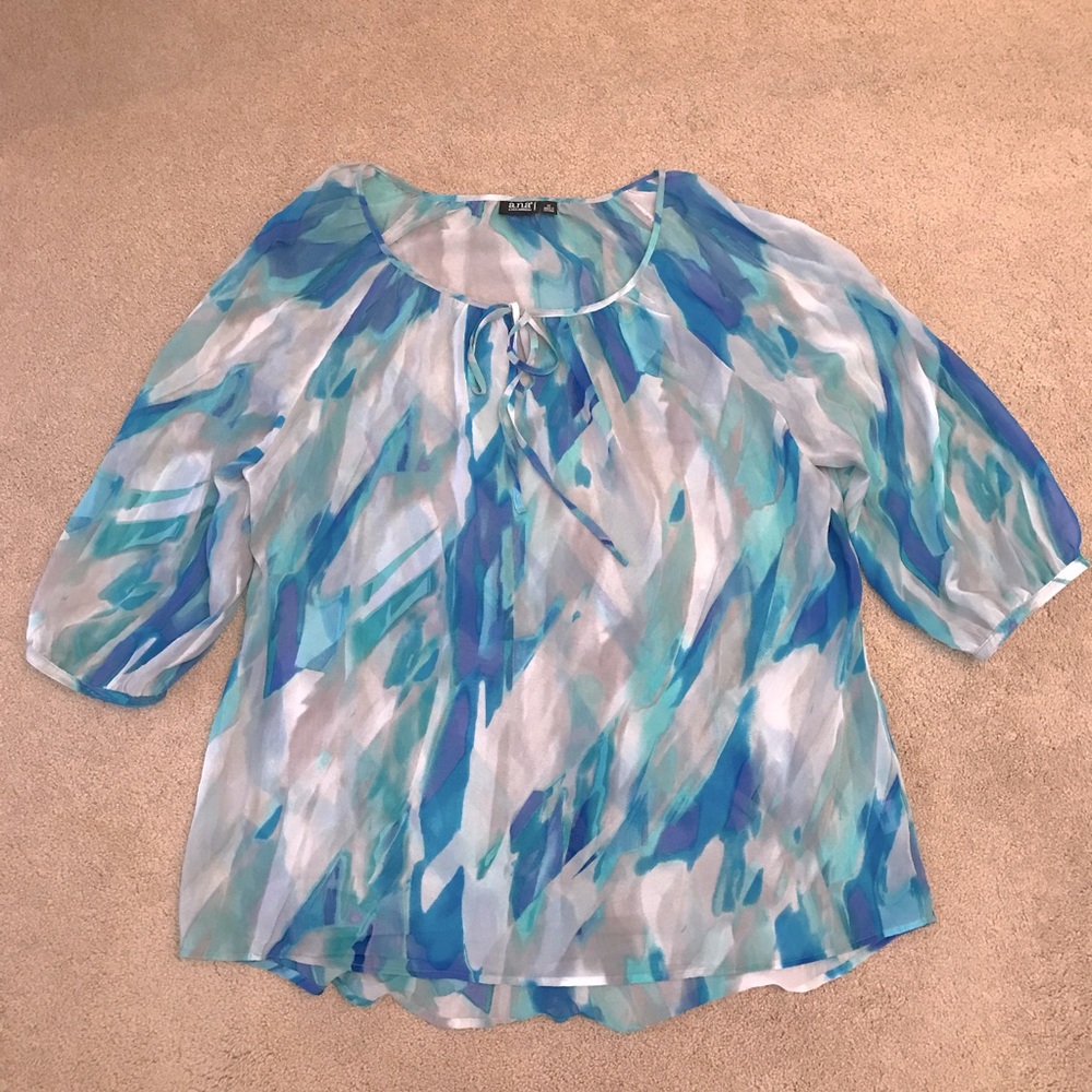 ana Sheer Blouse Size 1X Relaxed Fit Cover Up Blue Grey Watercolor Boho Coastal